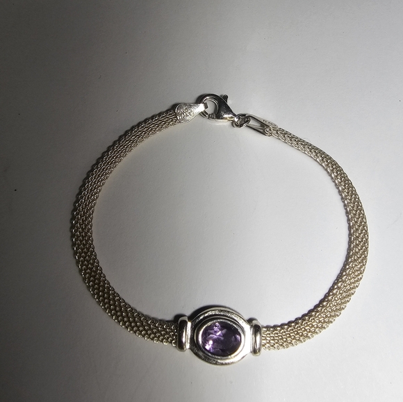 Vintage sterling silver mesh bracelet with an amethyst center stone - Picture 1 of 5